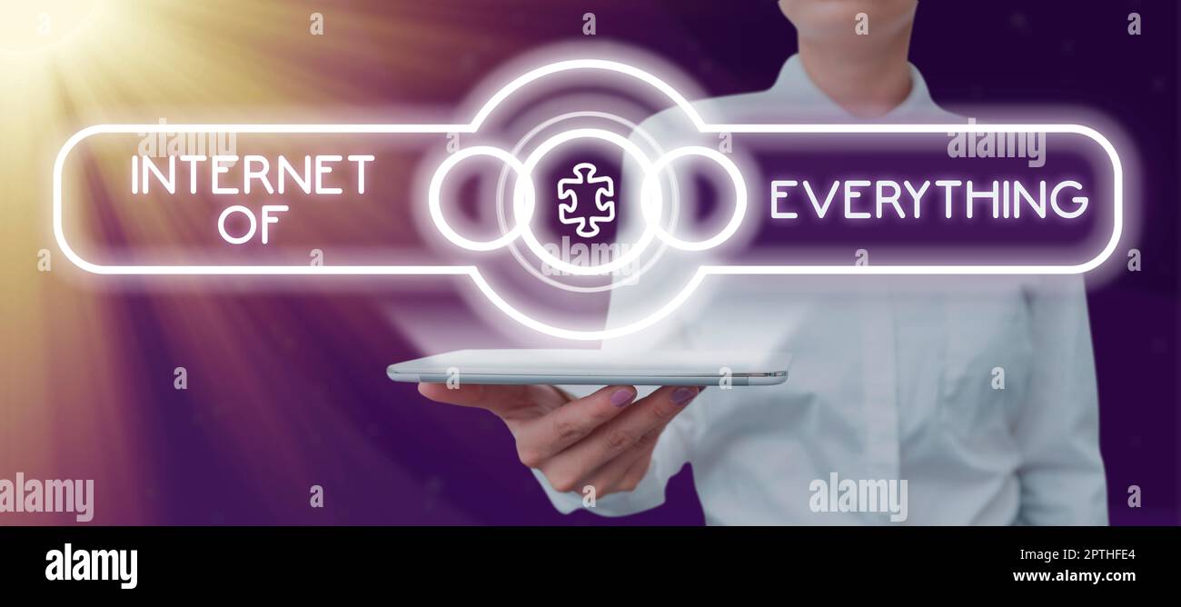 Writing displaying text Internet Of Everything, Business overview smart modern city and wireless communication network Stock Photo