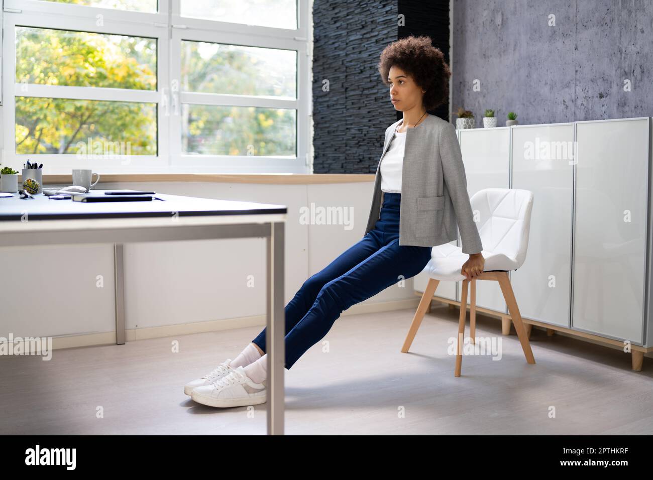 Triceps Dip Office Desk Chair Workout Exercise Stock Photo