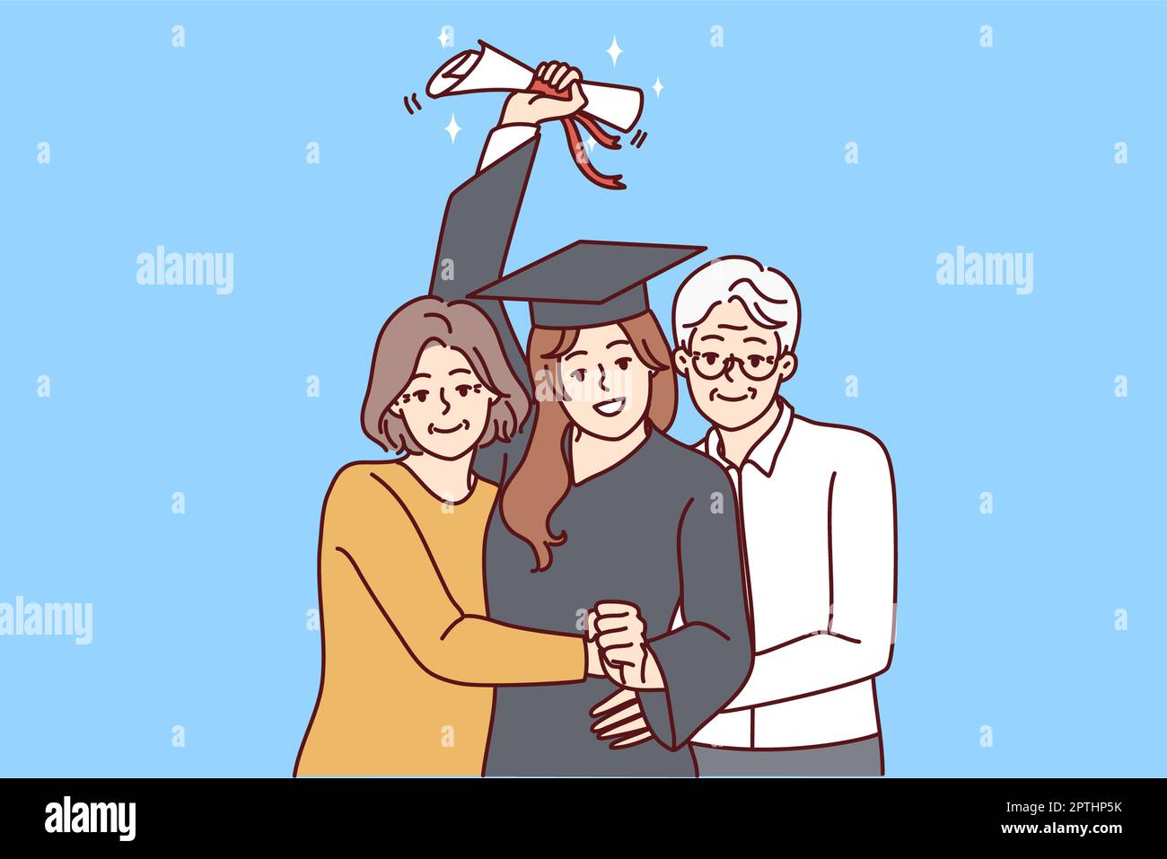 Happy elderly parents hug excited daughter in graduation mantle holding diploma. Smiling mature mom and dad embrace happy girl graduate from universit Stock Photo