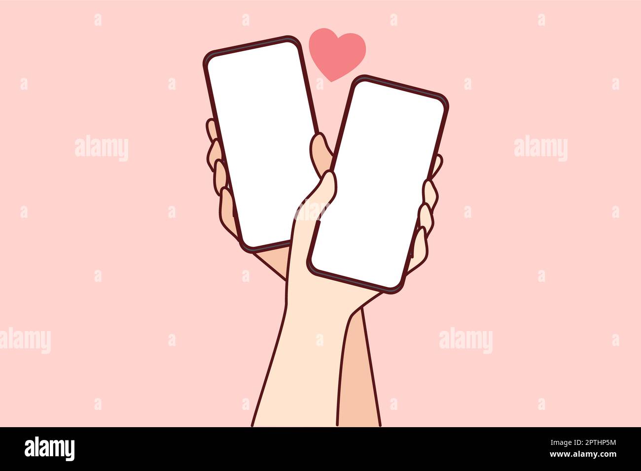 Close-up of couple hands holding cellphones with mockup screens texting online on gadgets. Man and woman with smartphones and internet communication. Stock Photo