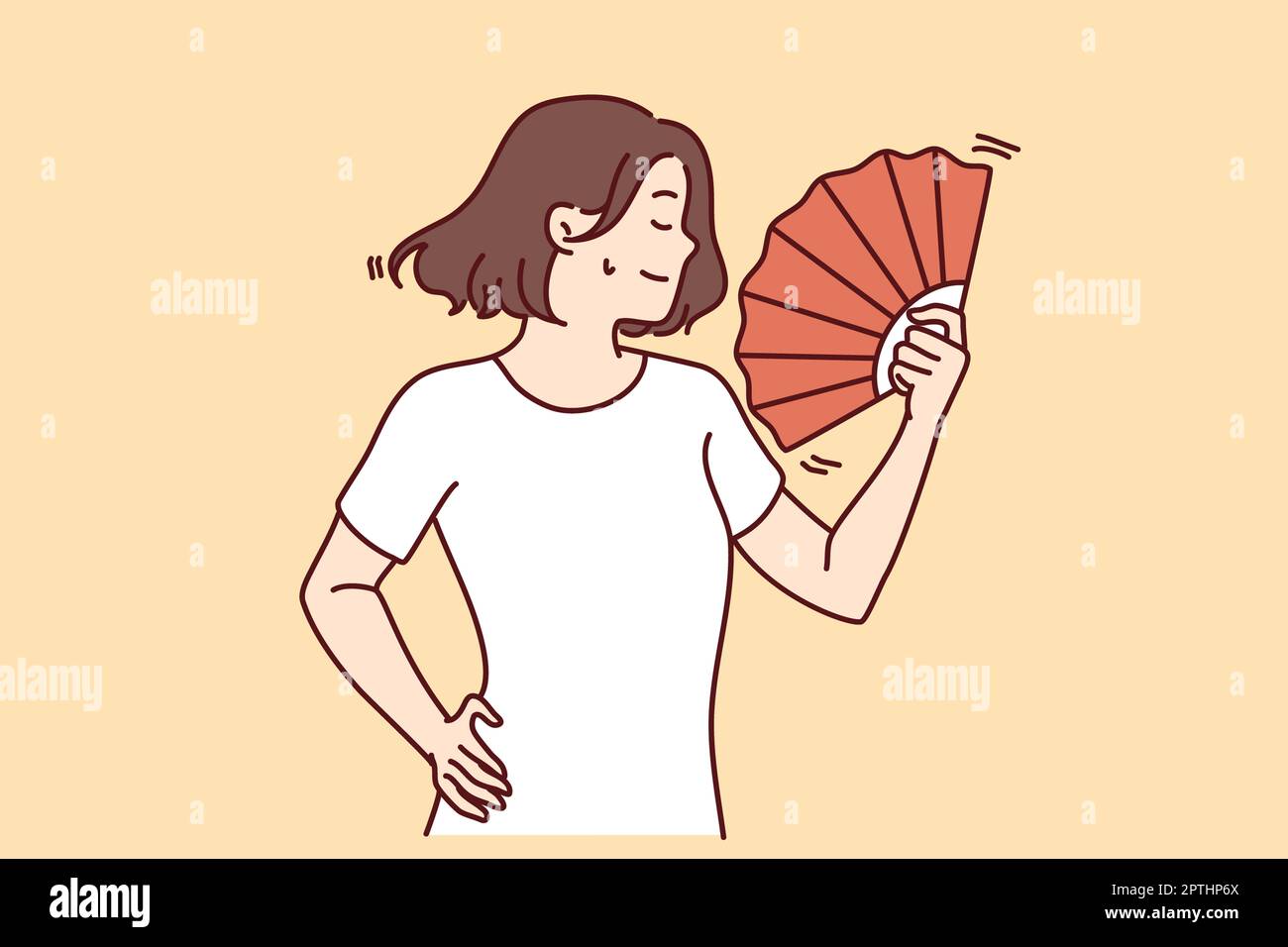 Young woman suffer from hot weather wave with hand fan. Unwell female
