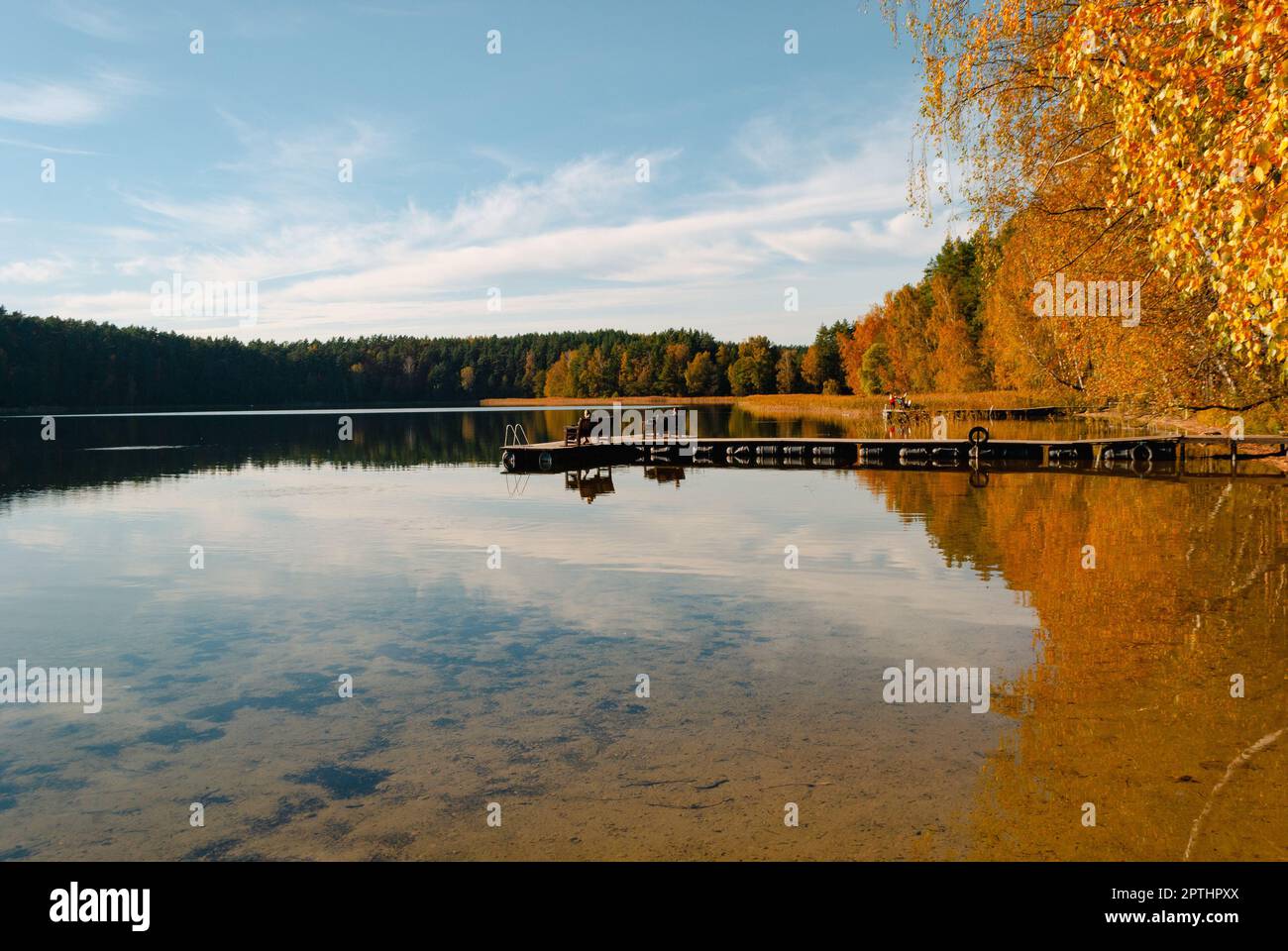 Lake Baltieji Lakajai with clear water in Labanoras Regional Park and a wooden marina with benches for relaxation. Autumn trees are covered in the wat Stock Photo