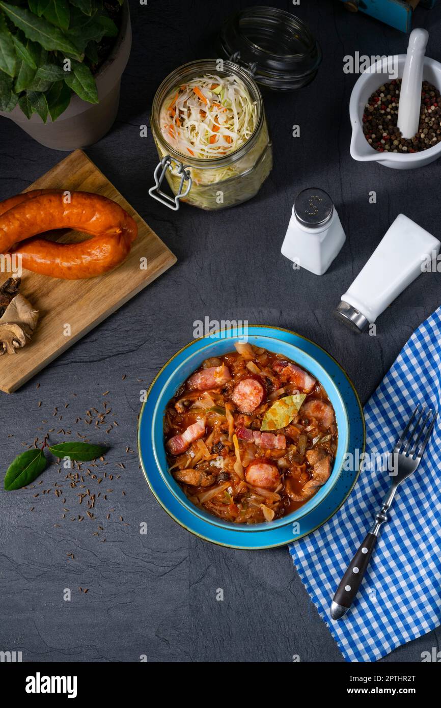 Polish bigos with sausage and mushrooms Stock Photo Alamy