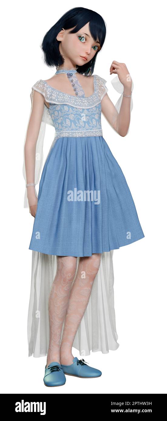 Doll Renders 3D rendering of a pretty doll in a blue vintage dress isolated on white ...