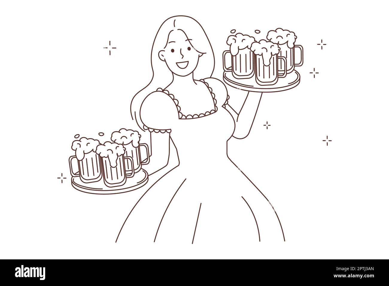 Happy young woman in dress with beer on trays serving October beerfest