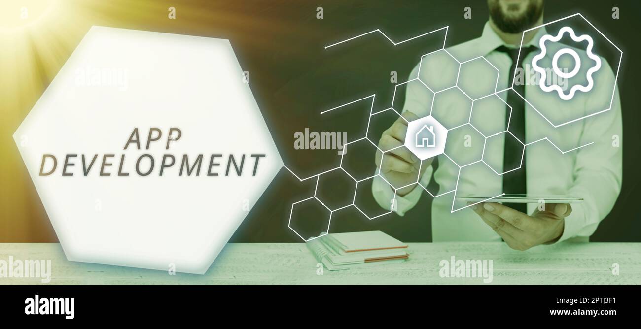 Conceptual display App Development, Word for producing computer software with a specialized purpose Stock Photo