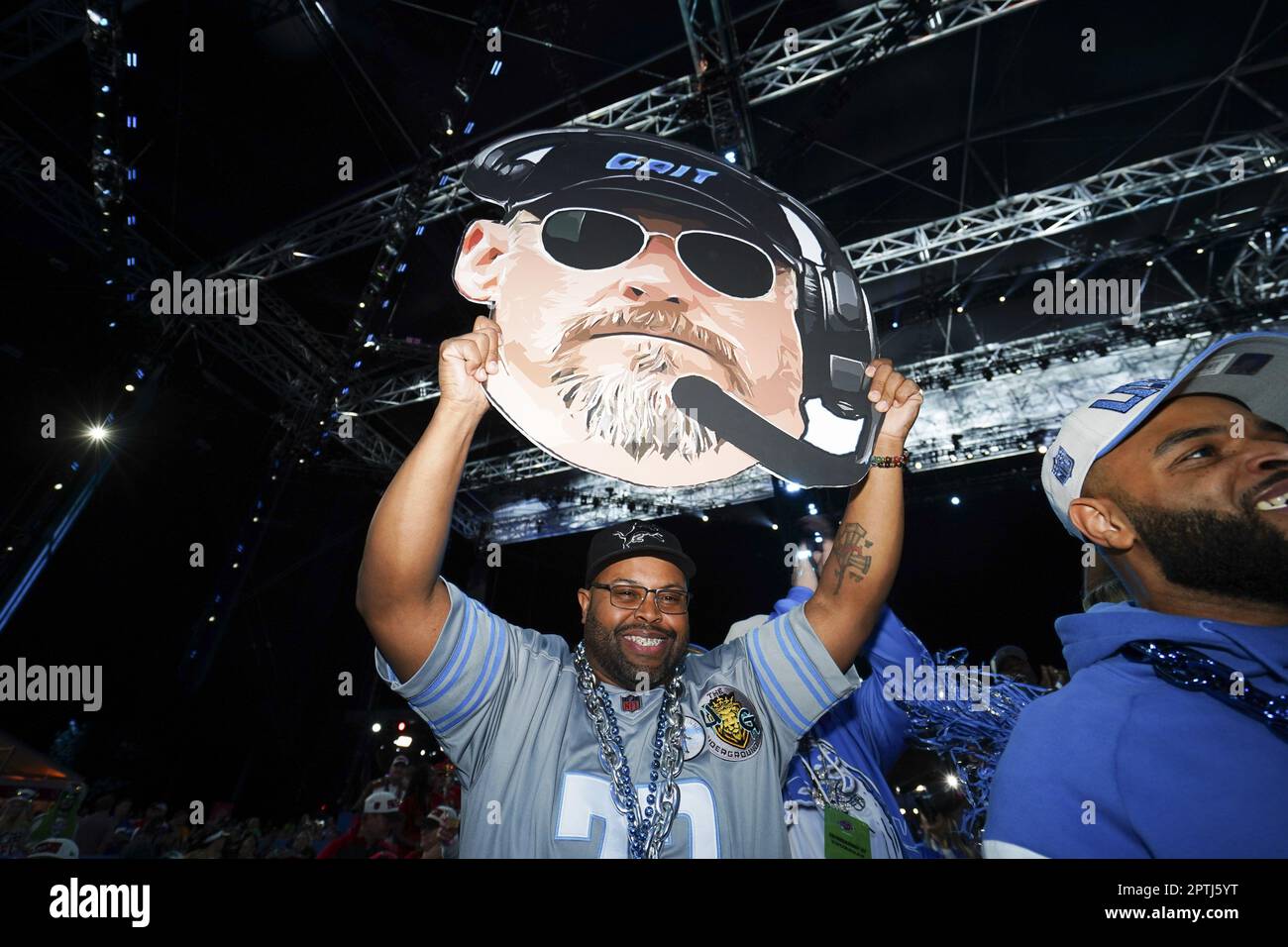 Kansas City, United States. 27th Apr, 2023. A fan hold up a fat head of Lions head coach Dan Campbell during the first round of the NFL Draft at Union Station in Kansas City, Missouri on Thursday, April 27, 2023. Photo by Kyle Rivas/UPI Credit: UPI/Alamy Live News Stock Photo