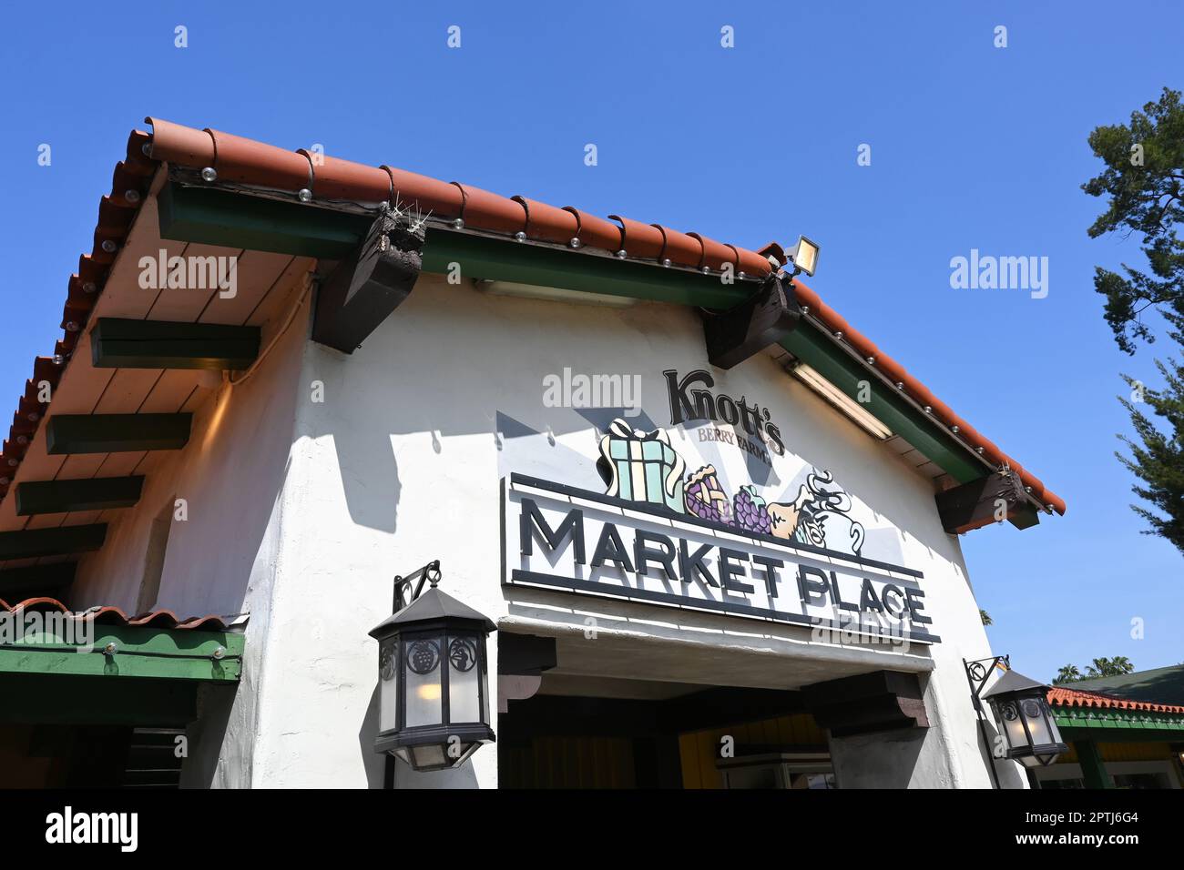 BUENA PARK, CALIFORNIA - 27 APR 2023: The Marketplace at Knotts Berry Farm amusement park, home to Mrs. Knotts Chicken Dinner Restaurant and Virginias Stock Photo