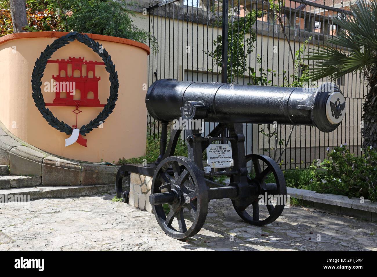 Russian cannon captured in Crimean War, Alameda Botanic Gardens, Gibraltar, British Overseas Territory, United Kingdom, UK, Mediterranean Sea, Europe Stock Photo