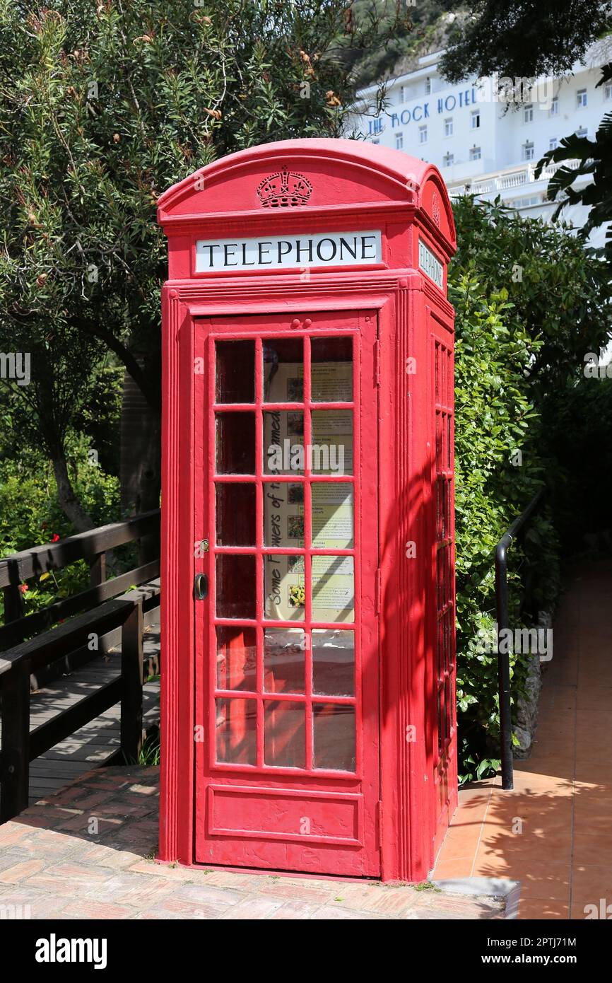 K2 phone box, now used as information point, Alameda Botanic Gardens, Gibraltar, British Overseas Territory, United Kingdom, Mediterranean Sea, Europe Stock Photo