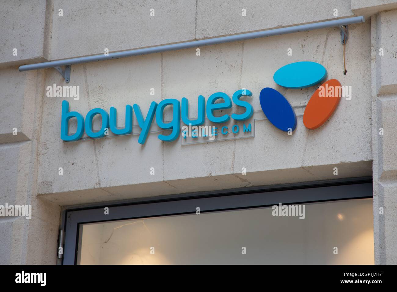 Bordeaux ,  Aquitaine France - 04 17 2023 : Bouygues telecom logo text phone communication french telecommunications company operator shop facade entr Stock Photo