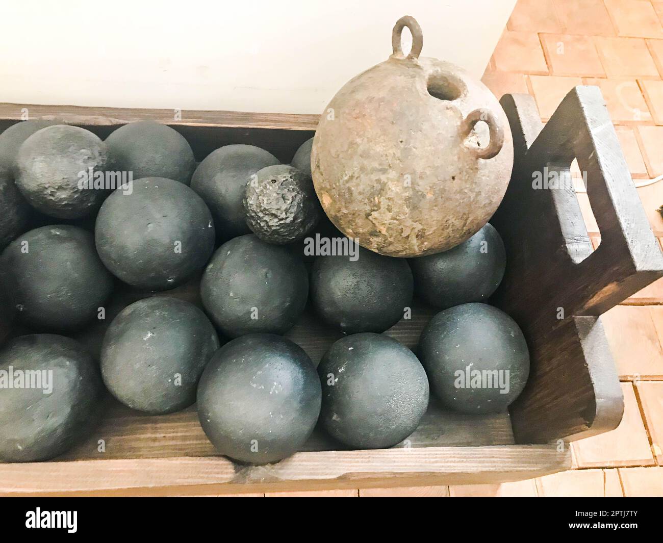 Texture of old antique combat round gray metallic, iron, stone cannon