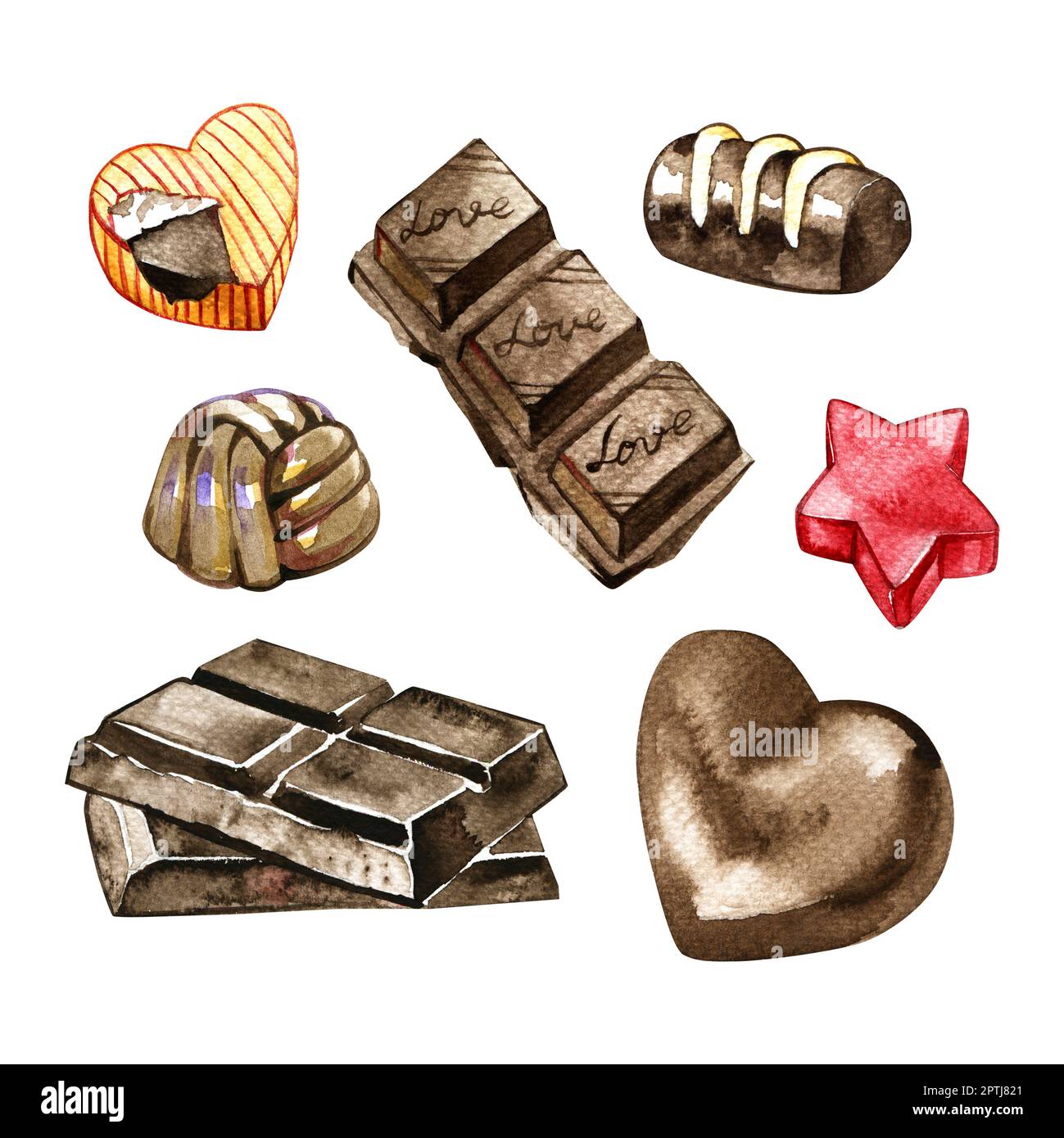 set of chocolates drawing by watercolor at white background, hand drawn