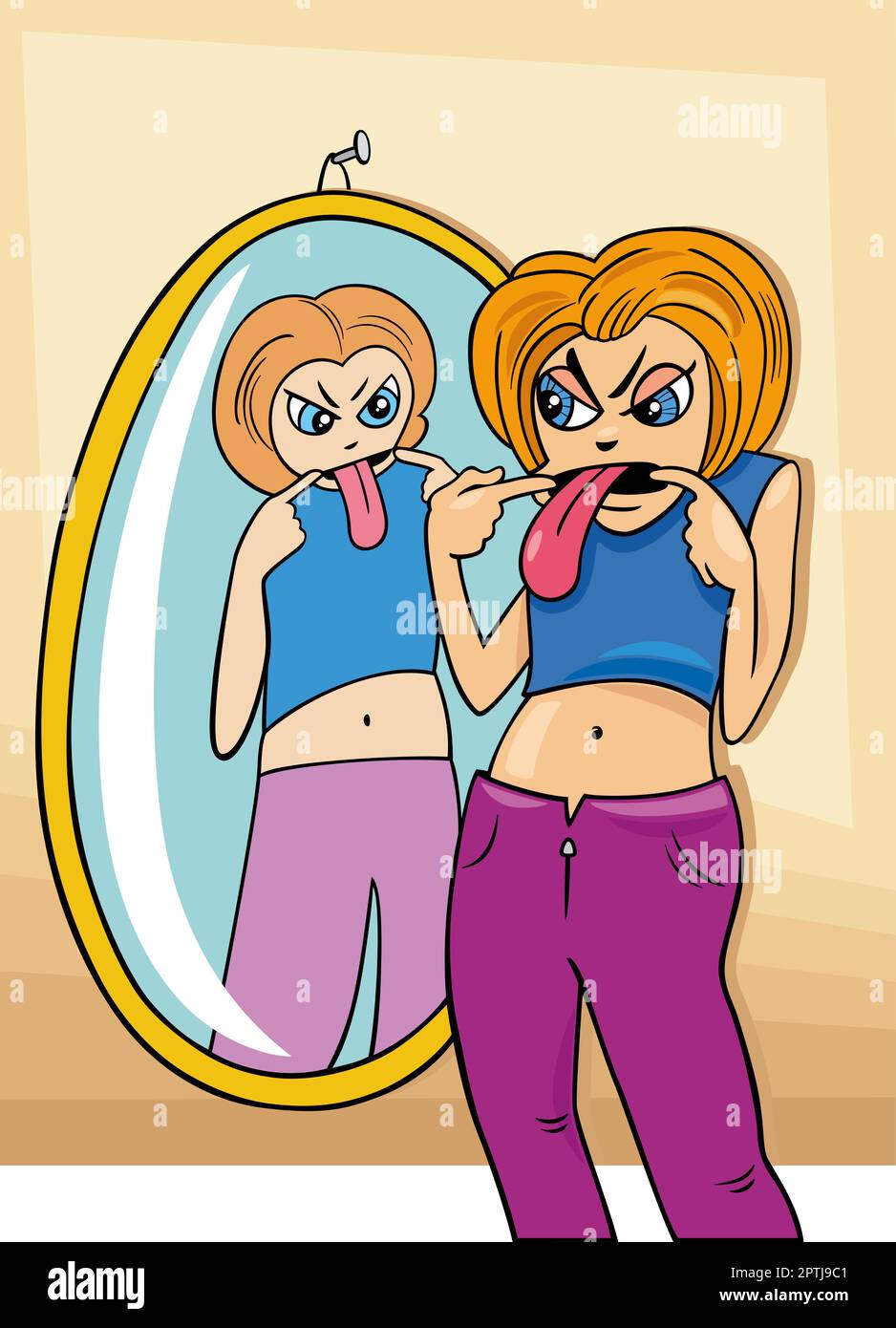cartoon woman sticking out her tongue to herself in the mirror Stock