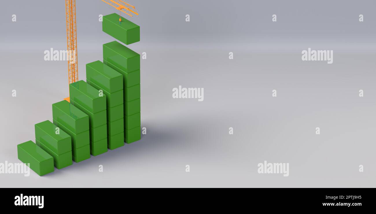 Crane building green blocks high. 3D render construction business