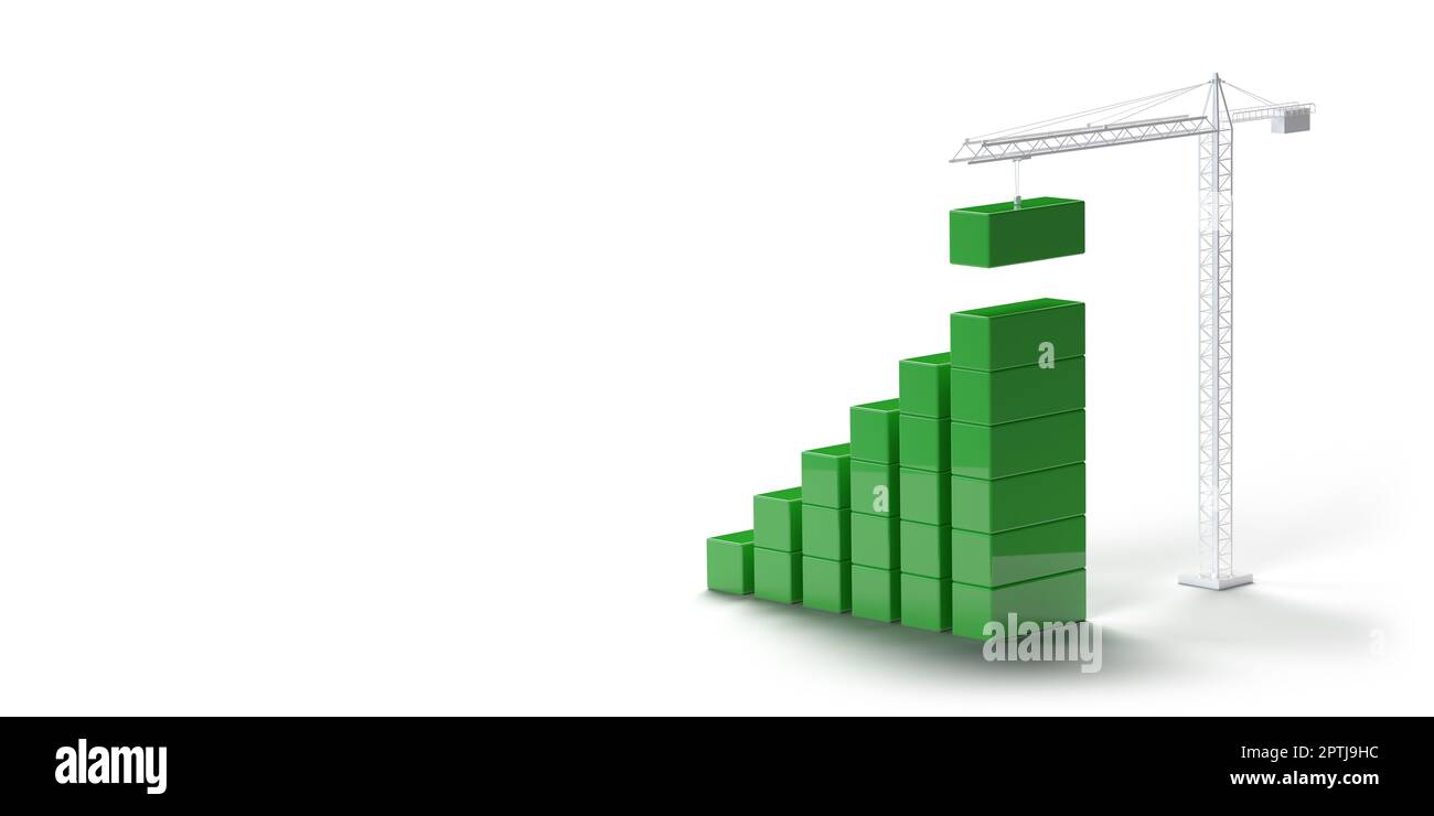 Crane building green blocks on top. 3D render construction business