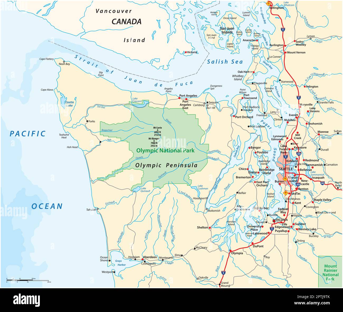 Map surrounding Olympic Peninsula and Greater Seattle, Washington, United States Stock Vector