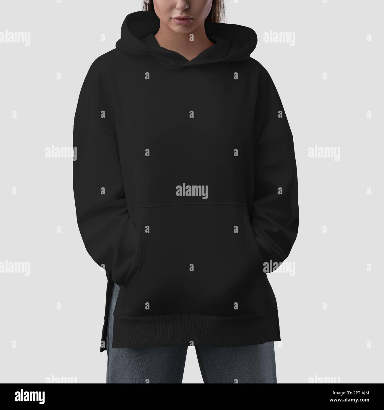 Black hoodie mockup with side slits on a girl with hands in pockets