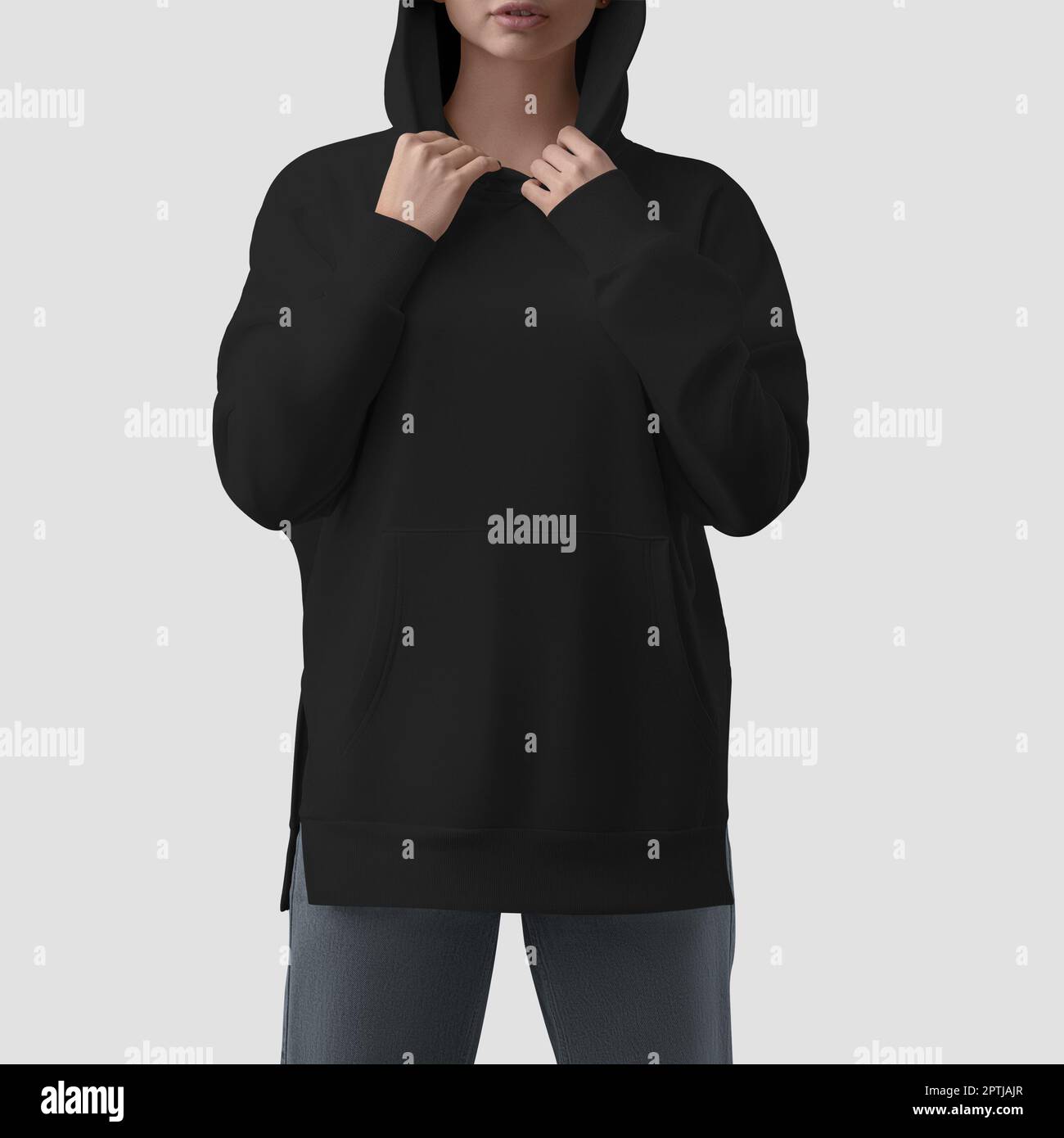 Blank black hoodie mockup on hooded girl, casual apparel closeup, front view, women's shirt for design, brand. Trendy streetwear template, quality clo Stock Photo