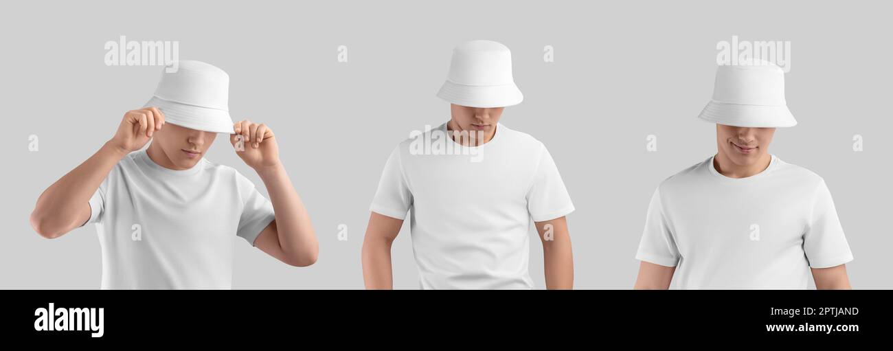 White hat mockup on a posing guy in a t-shirt, trendy hat, summer accessory for design, brand. Headwear set. Product photography template for commerce Stock Photo