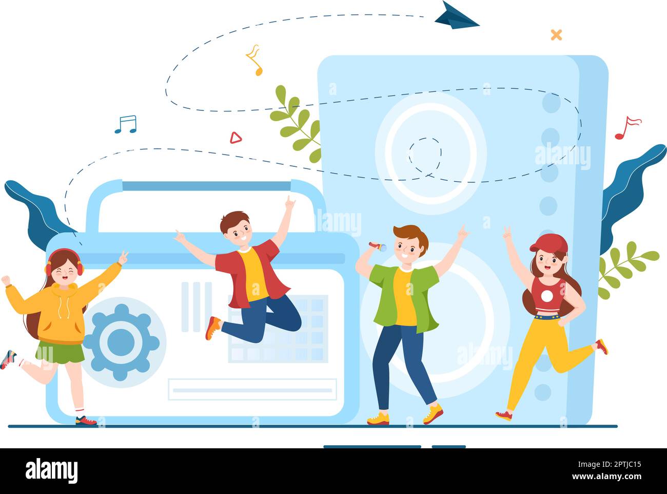 MP3 Player with Headphones, Headset and Phone of Music Listening Devices in Mobile App on Flat