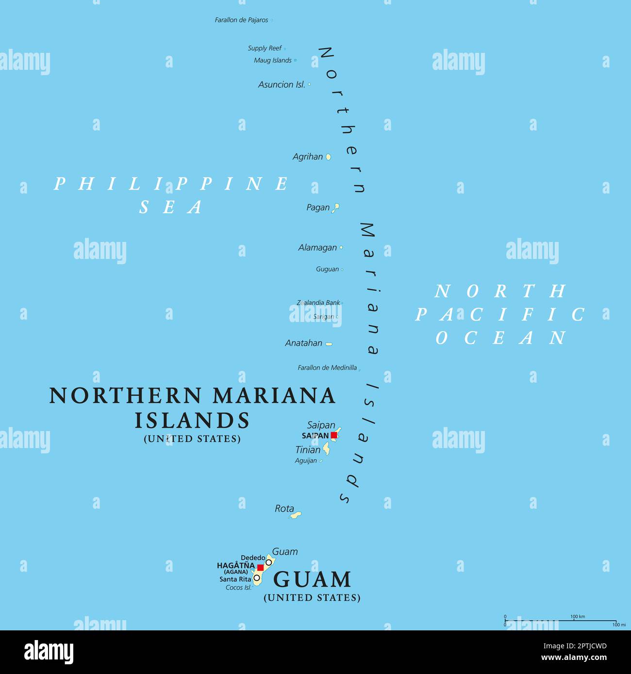 Guam and Northern Mariana Islands, unincorporated US territories, political map Stock Vector