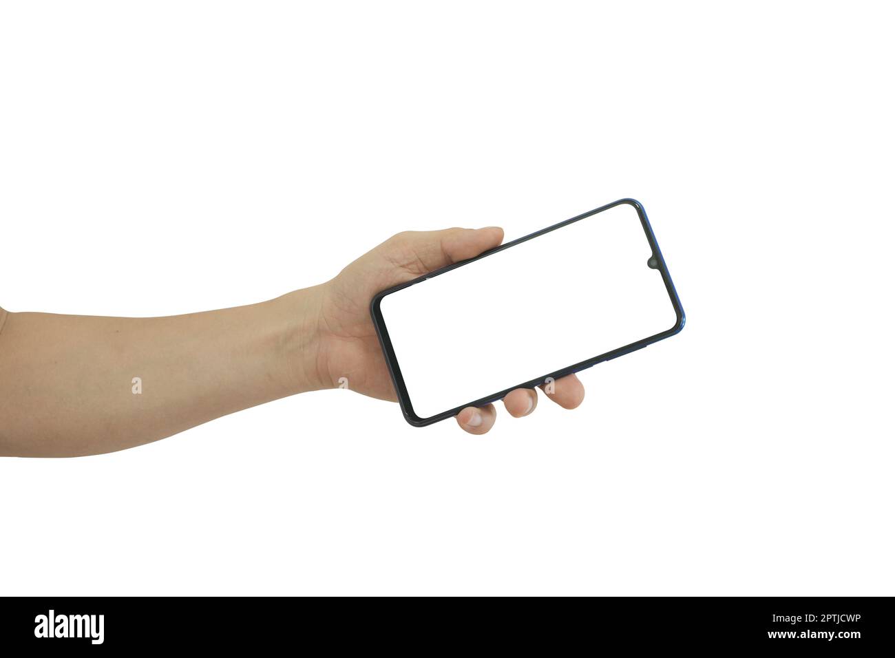 Hand holding mobile smartphone with blank white screen isolated on ...