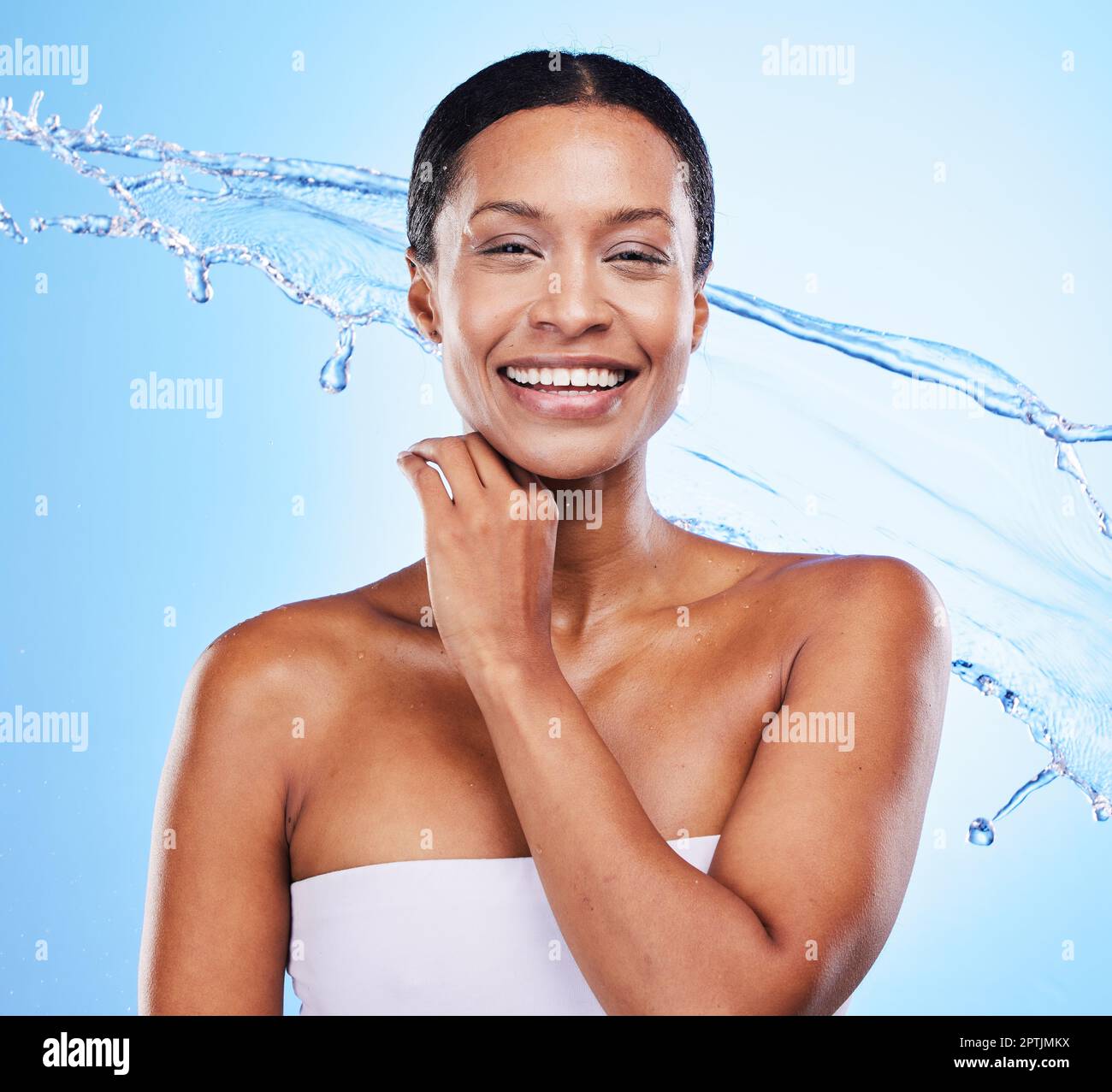 Shower, water and black woman with splash to clean, beauty and hygiene portrait with wellness