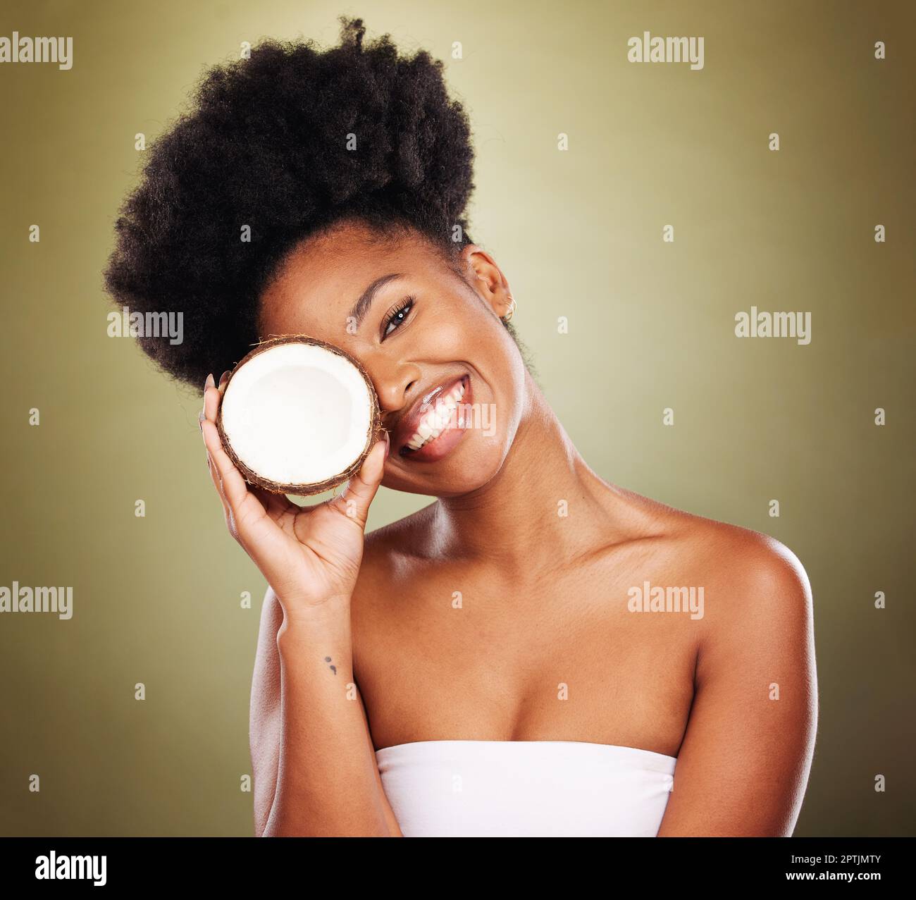 Coconut oil, black woman and skincare, natural cosmetics and healthy lifestyle nutrition
