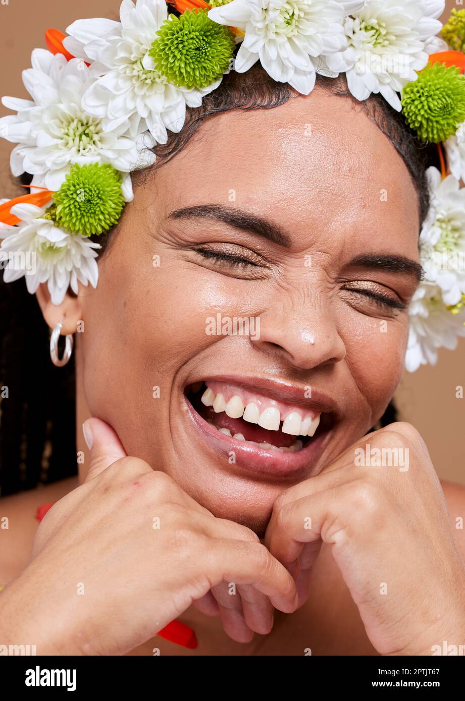 Flowers, wellness and black woman laughing with skincare, skin face