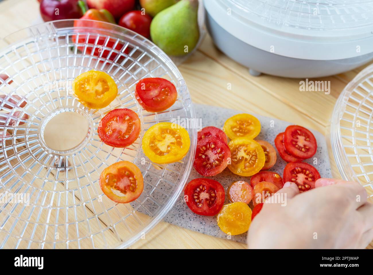 https://c8.alamy.com/comp/2PTJWAP/electric-drying-machine-for-dehydrating-products-with-horizontal-loading-of-pallets-top-view-girl-lays-sliced-tomatoes-close-up-natural-light-2PTJWAP.jpg