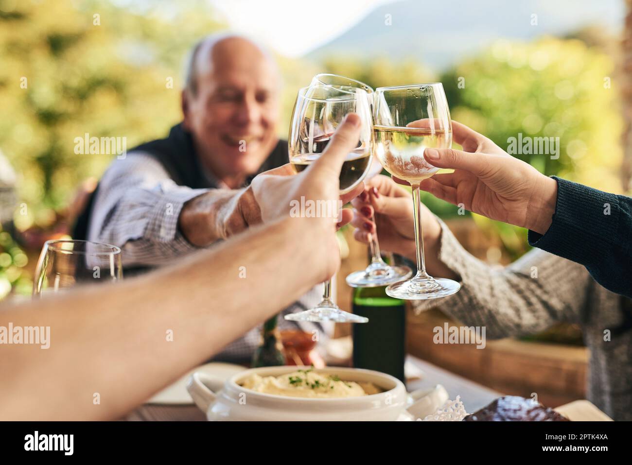 Friends, wine and toast on a patio with happy, cheerful and people celebrating and sharing a meal outdoors. Family, hands and cheers in celebration of Stock Photo