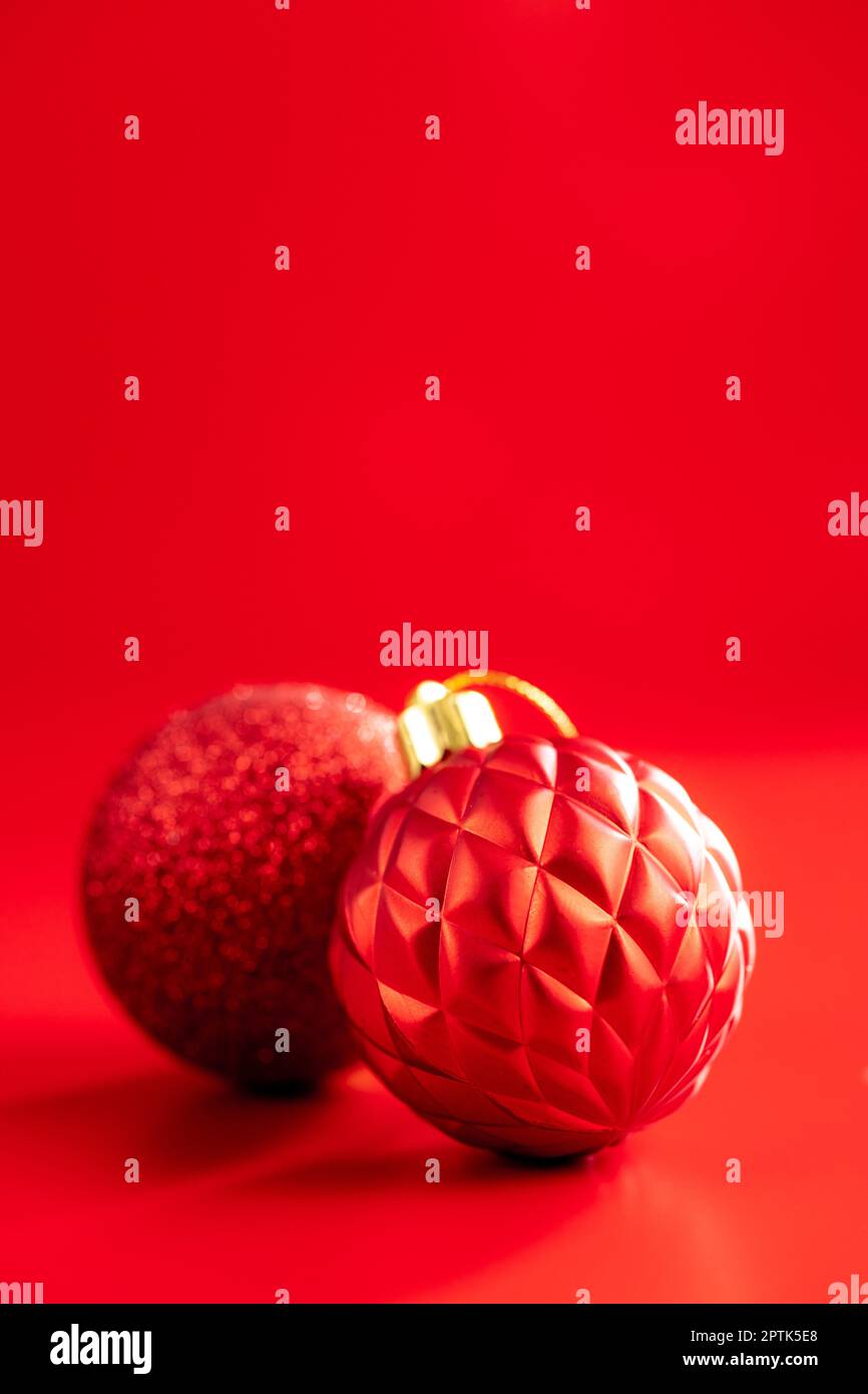 Christmas balls. christmas decoration on the red background. Stock Photo