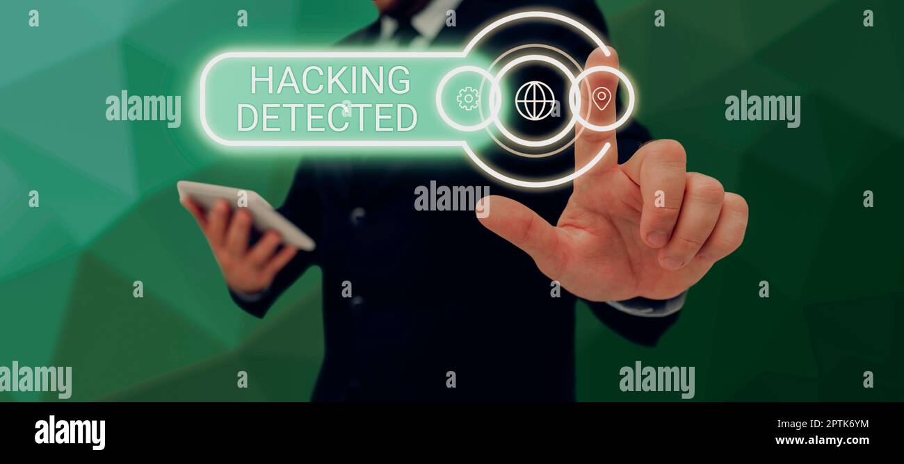 Text sign showing Hacking Detected, Business approach activities that seek to compromise affairs are exposed Stock Photo