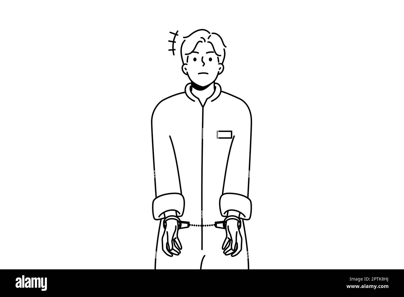 Male prisoner in robe wearing handcuffs. Unhappy man convict in uniform imprisoned. Imprisonment and jail concept. Vector illustration. Stock Photo