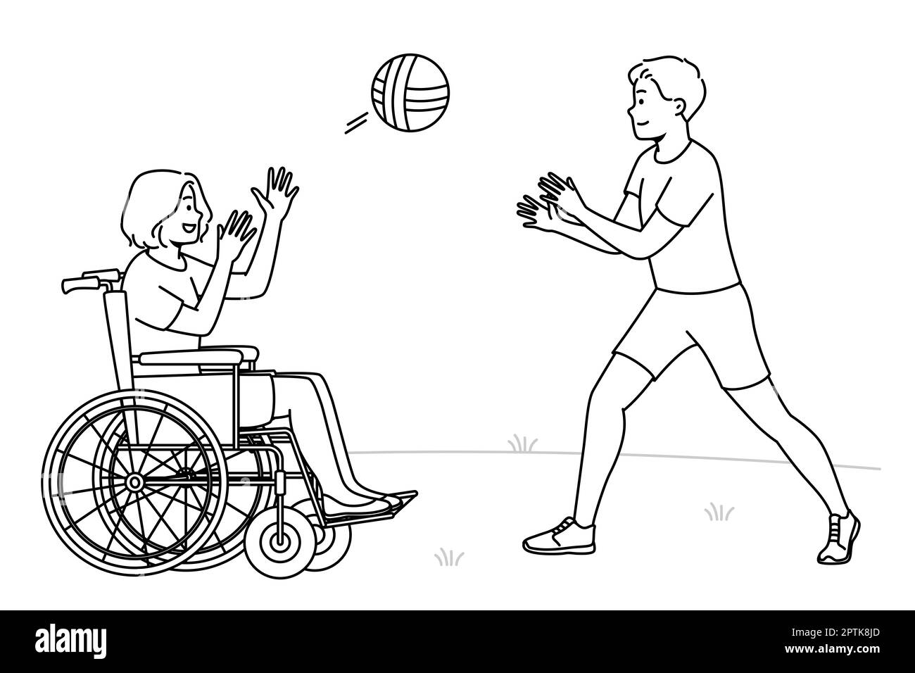 Happy boy playing ball with handicapped girl sitting in wheel chair. Smiling children have fun outdoors. Disability and impairment. Vector illustratio Stock Photo