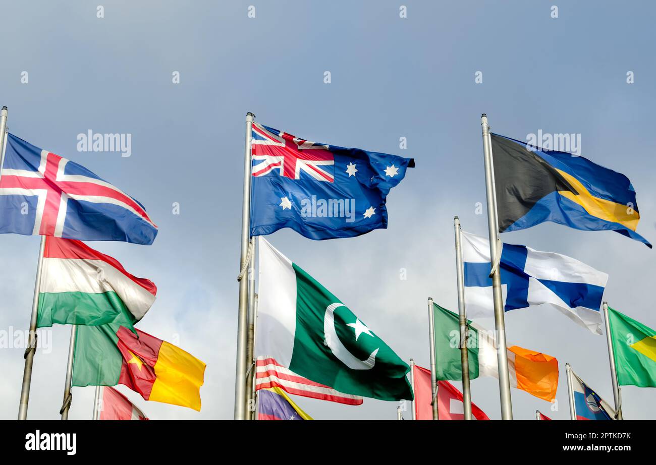 Flag parade, national flags of many countries Stock Photo Alamy