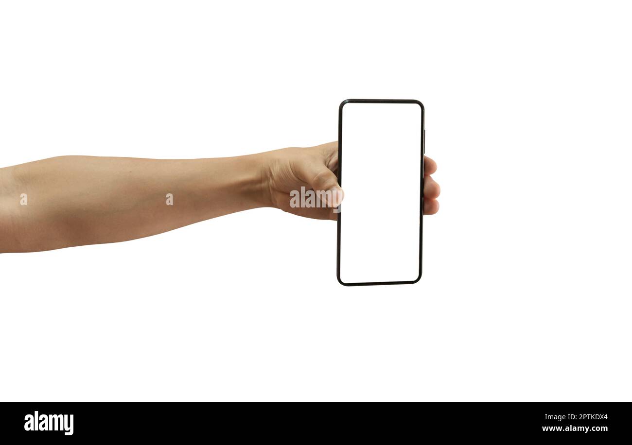 Man hand holding black smartphone with blank screen isolated on white ...