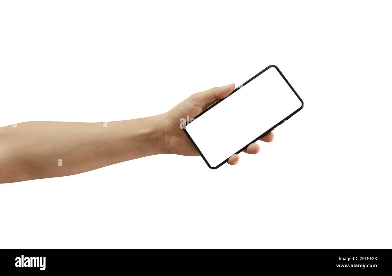 Man hand holding black smartphone with blank screen isolated on white background, included clipping path. Stock Photo