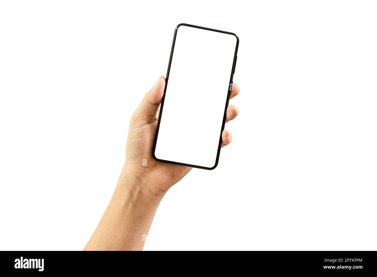 Man Hand Holding Black Smartphone With Empty Screen Isolated On White ...