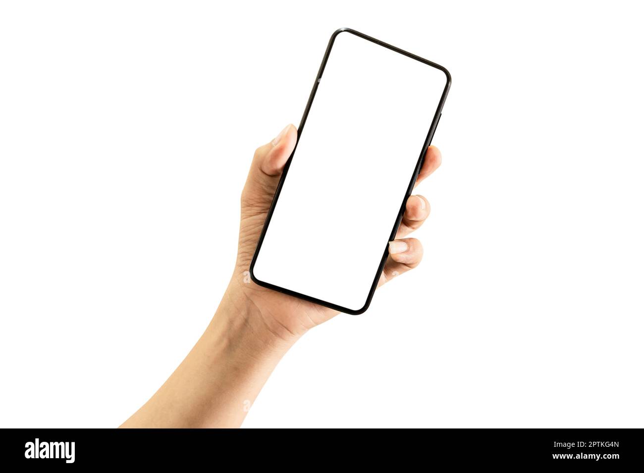 Man Hand Holding Black Smartphone With Empty Screen Isolated On White ...