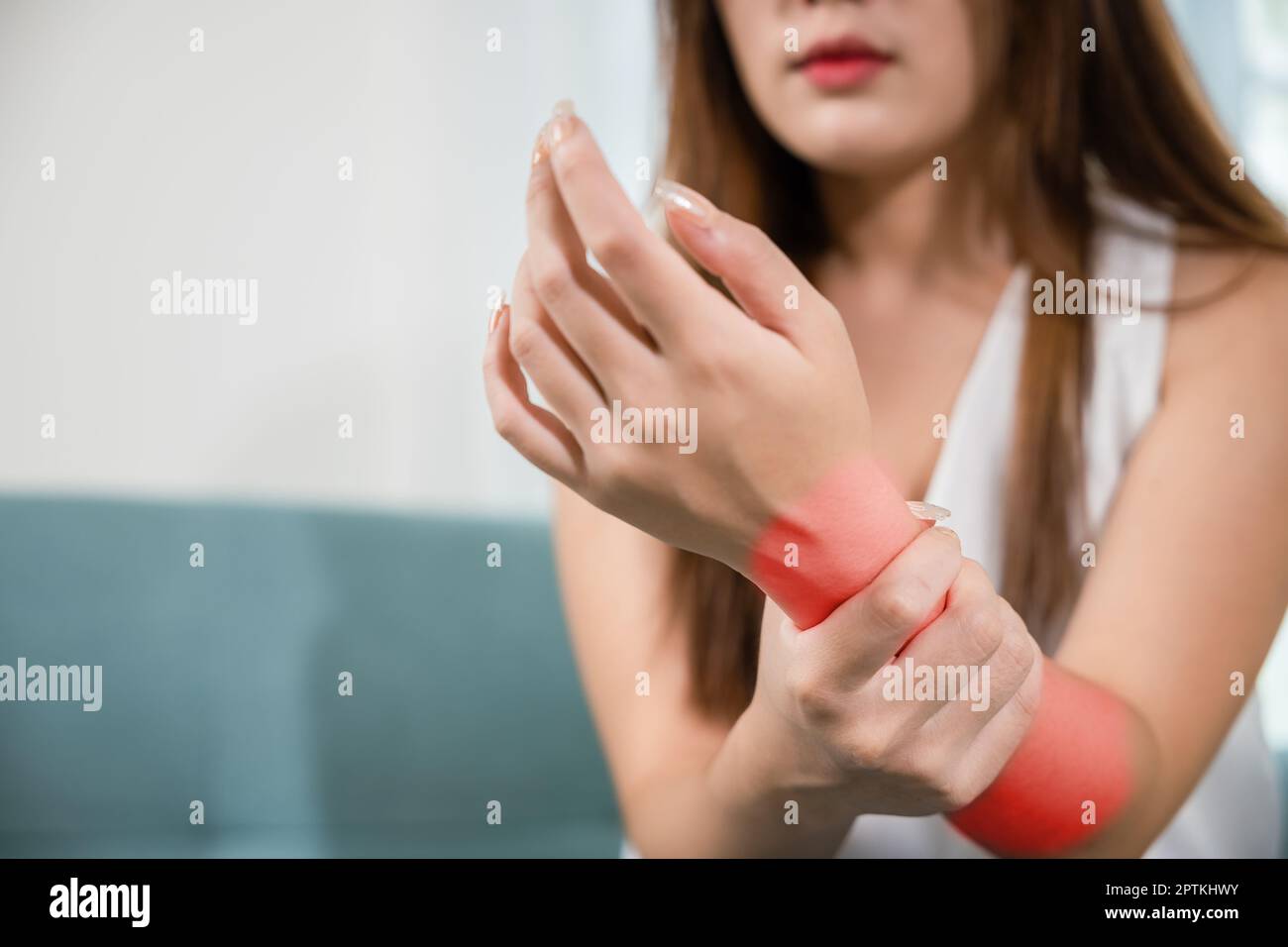 Closeup hand. Asian woman hand problem injury feeling joint pain, young