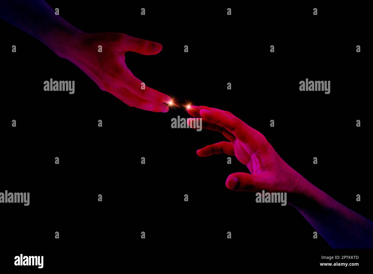 Hands neon duotone colorful of reaching out, giving a helping, hope and support each other on dark background. Solidarity, compassion and charity conc Stock Photo