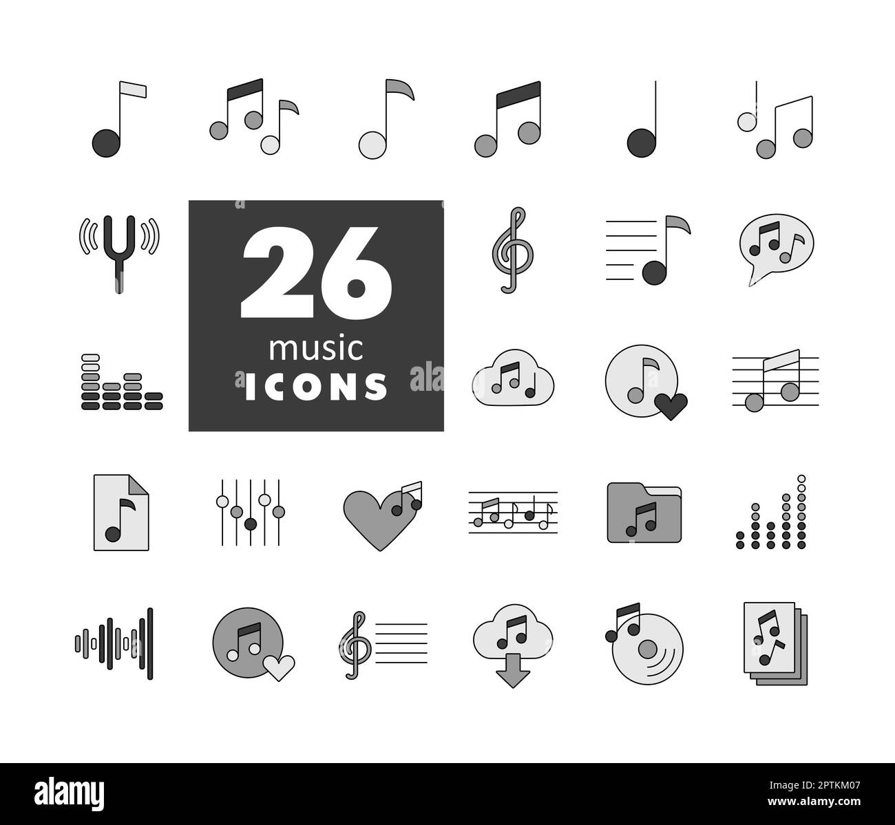 Music notes flat color vector grayscale icons set. Graph symbol for ...