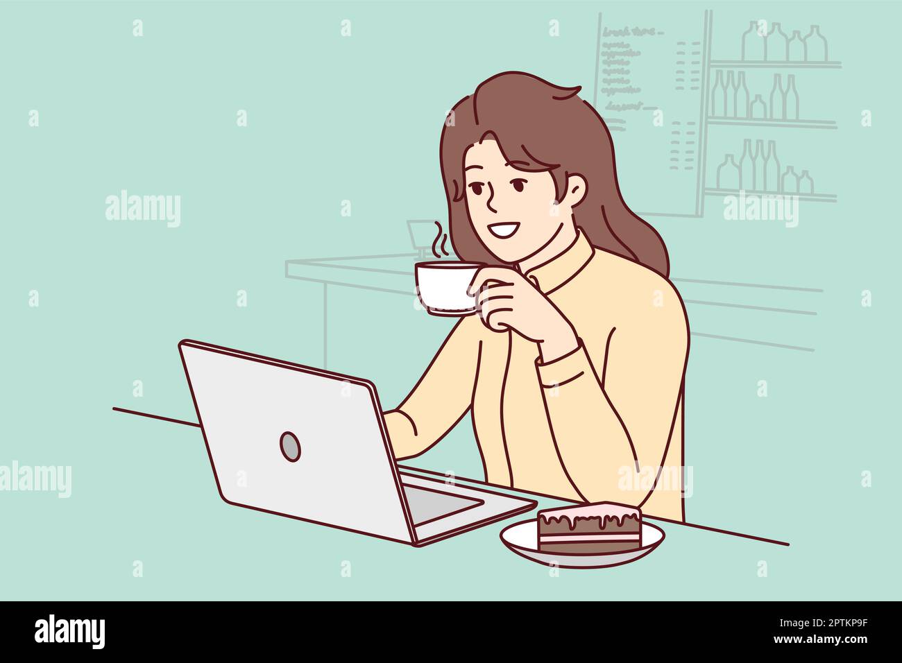 Smiling woman drink coffee work on laptop in cafe Stock Vector