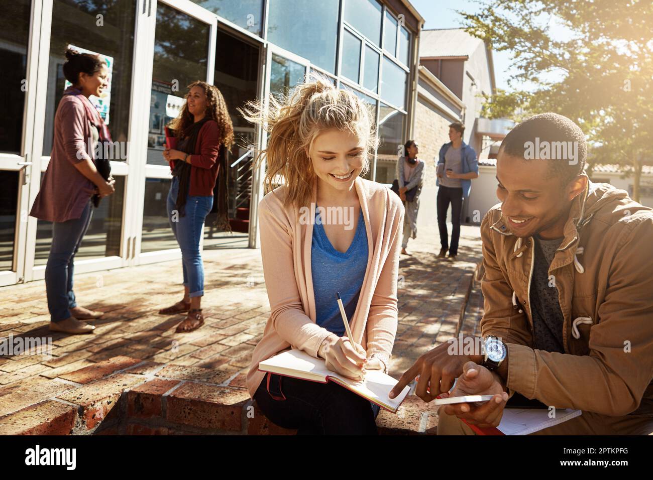 Giving her a few study tips. two students studying together on campus ...