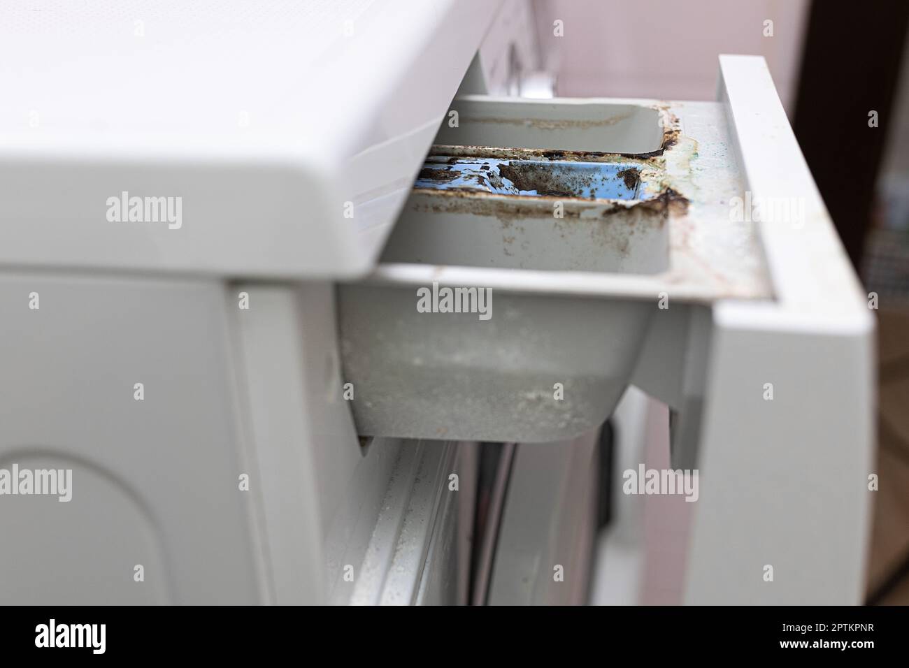 Close up washing machine dispenser tray for detergent and conditioner
