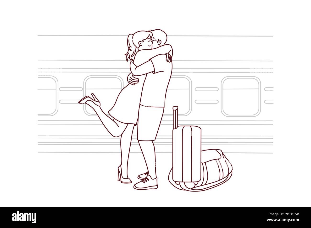 Happy couple hug meeting at railway station Stock Vector