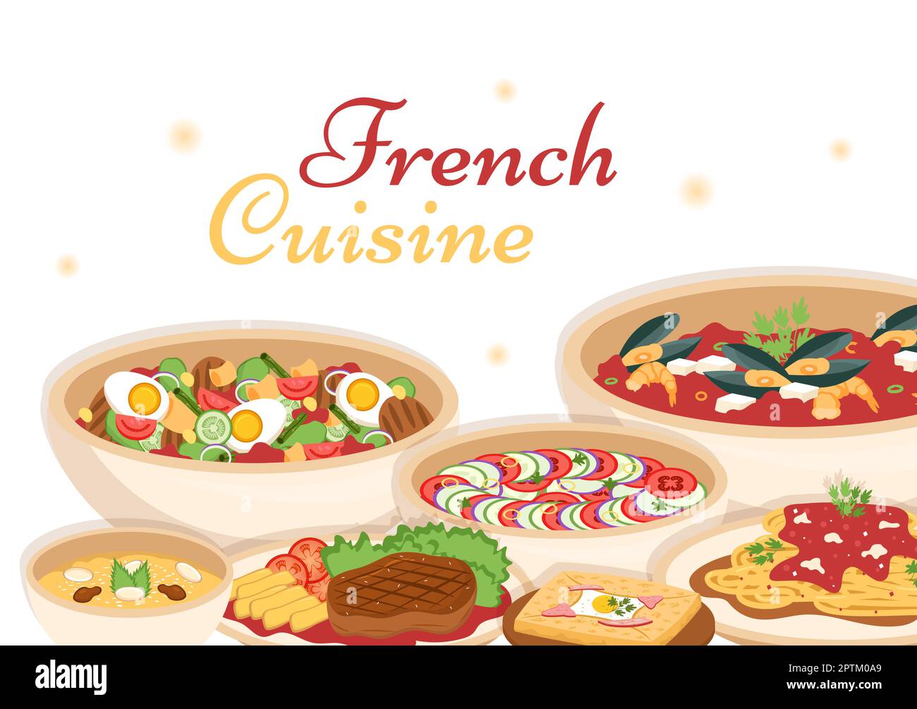 French Cuisine Restaurant with Various Traditional or National Food Dish of France on Flat Style