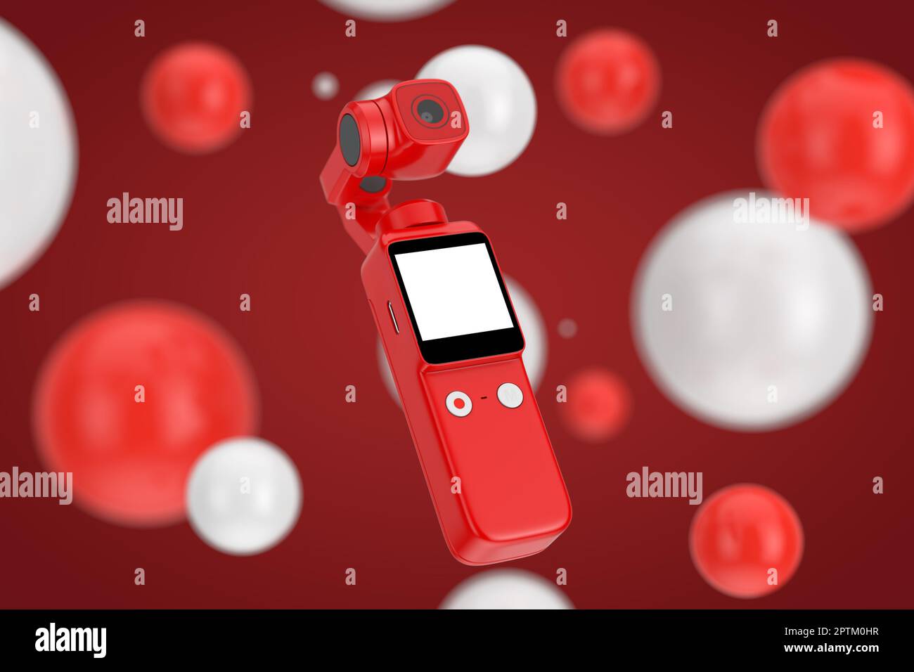 Red Pocket Handheld Gimbal Action Camera on a red and white balls